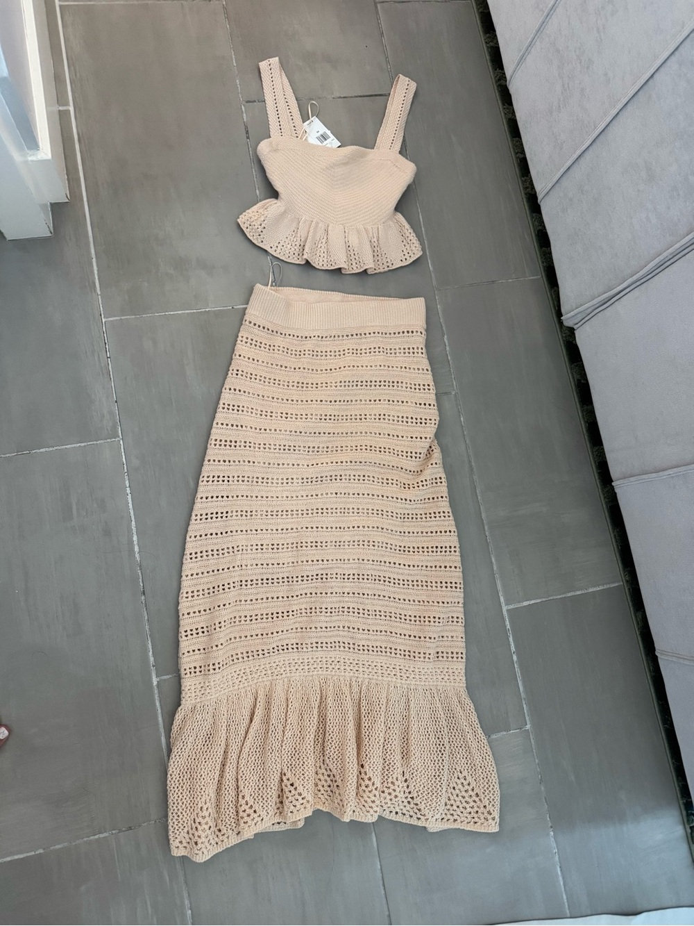 A.L.C. Beige Crochet Two-Piece Midi Skirt Set